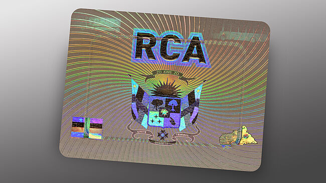 Central African Republic vehicle and motorcycle registration sticker completely protected with KINEGRAM technology Central African Republic vehicle and motorcycle registration sticker completely protected with KINEGRAM technology