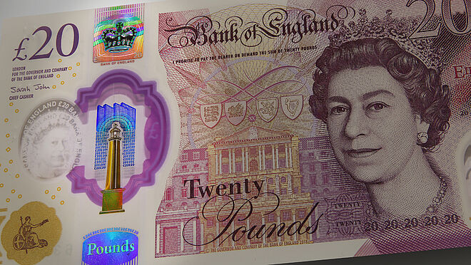 KINEGRAM banknote security solutions Close-Up of KINEGRAM security feature on English 20 Pound banknote