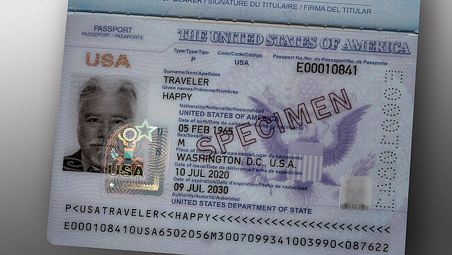 US Passport with polycarbonate datapage and KINEGRAM Image of US Passport with polycarbonate datapage and KINEGRAM