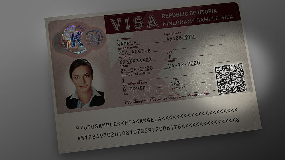 Visa Sample protected by Visible Digital Seal Image of a VDS special secure barcode on a sample visa