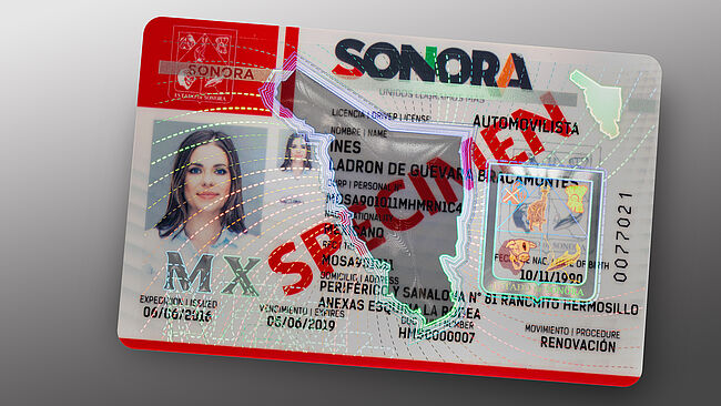 Mexico - Sonora Driver's license protected with a KINEGRAM overlay (KINEGRAM GUARD) Image of Mexican Sonora state driver's license protected with a KINEGRAM overlay (KINEGRAM GUARD)