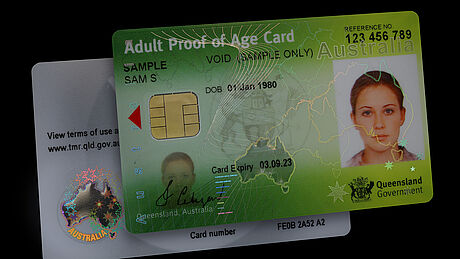 Australia Queensland Adult Proof of Age Card protected with a KINEGRAM Australia Queensland Adult Proof of Age Card protected with a KINEGRAM