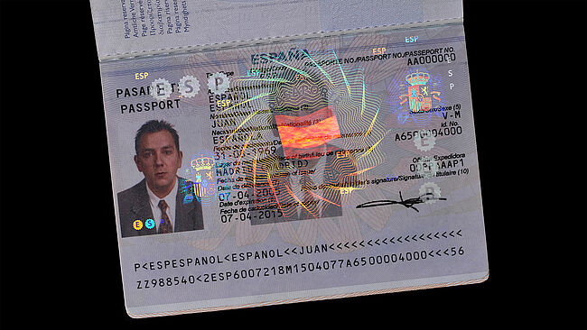 Spanish Passport with paper-based datapage and KINEGRAM Image of Spanish Passport with paper-based datapage and KINEGRAM