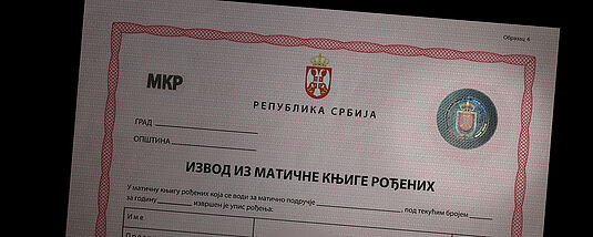 Birth certificate of Serbia with a metallized KINEGRAM PATCH