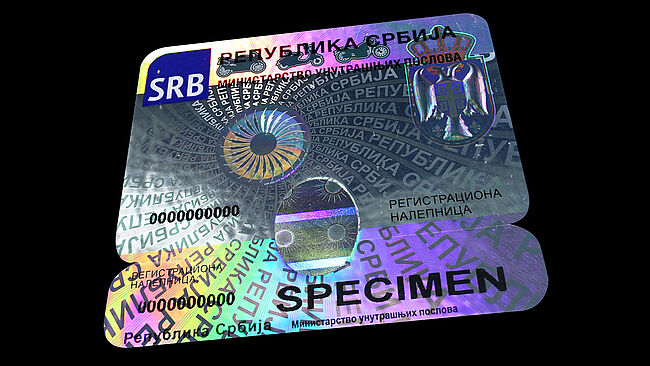 Serbian car registration label completely protected with KINEGRAM technology Serbian car registration label completely protected with KINEGRAM technology