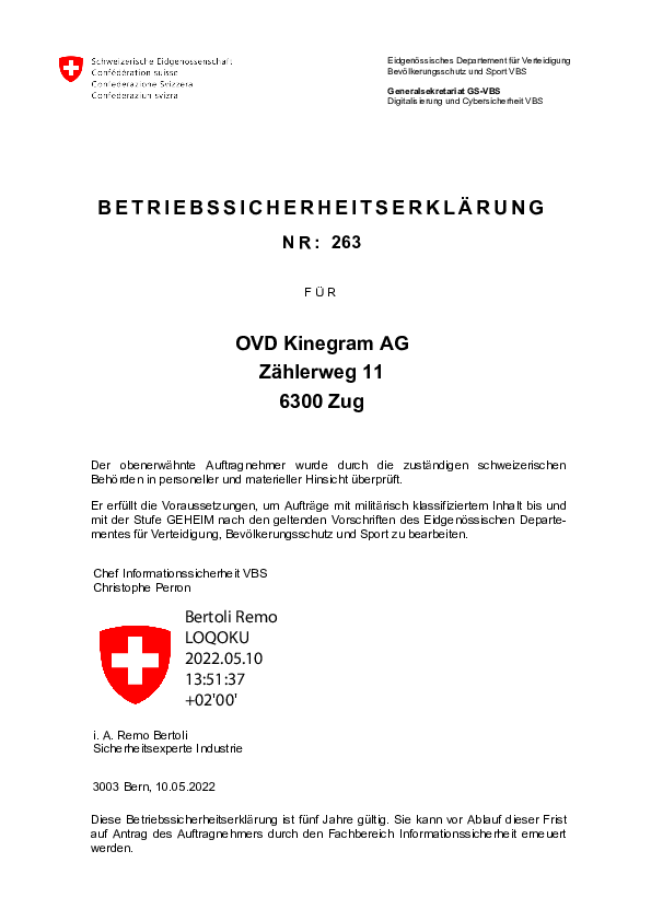 FACILITY SECURITY CLEARANCE (German), Switzerland FACILITY SECURITY CLEARANCE (German), Switzerland