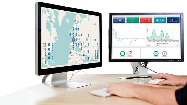 Customized and highly secure data management for tracking, analysis and evaluation Image of two computer screens showing the tracking system for KINEGRAM labels.