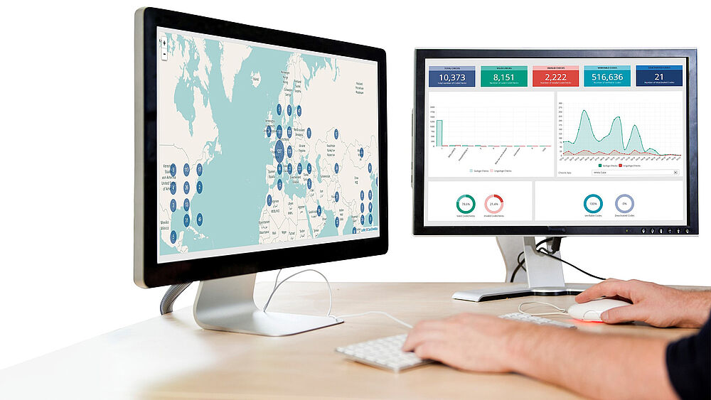 Customized and highly secure data management for tracking, analysis and evaluation Image of two computer screens showing the tracking system for KINEGRAM labels.