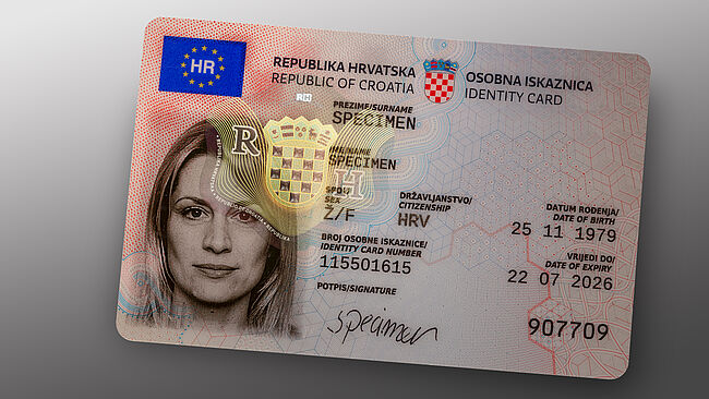 Secure Croatian ID with KINEGRAM A Croatian ID card sample with a transparent KINEGRAM security element.