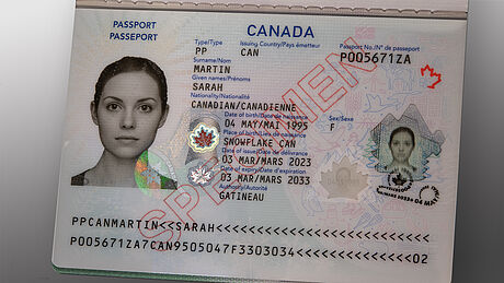 Canada Passport 2023 Polycarbonate data page with an embedded KINEGRAM PCI Combi (KINEGRAM ZERO.ZERO and Color)