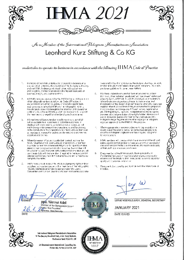 Membre de l’IHMA (Association internationale des fabricants d’hologrames) Membre de l’IHMA (Association internationale des fabricants d’hologrames)