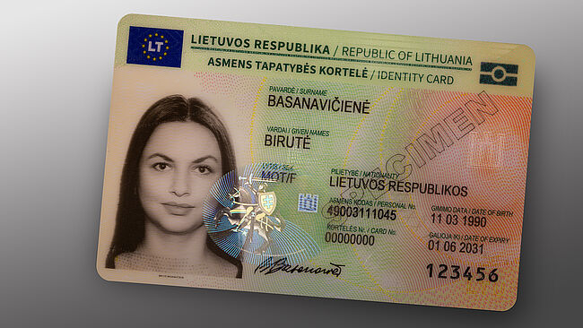 Secure Lithuanian ID with KINEGRAM Image of a Lithuanian ID card sample with a protective KINEGRAM patch.