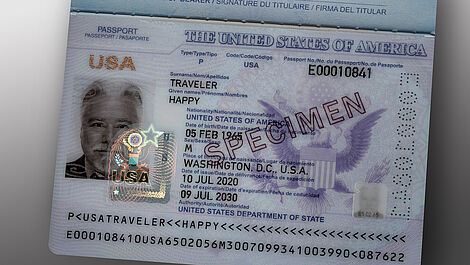 Image of a sample US passport, the photograph and personal data are protected by a KINEGRAM security feature
