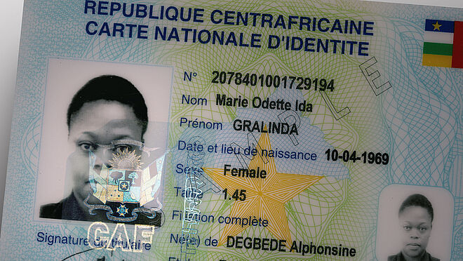 KINEGRAM features for government documents are suitable for polycarbonate, paper and any other kind of substrate. Close-Up of KINEGRAM security feature on a Central African identity document, with a design of the country's coat of arms