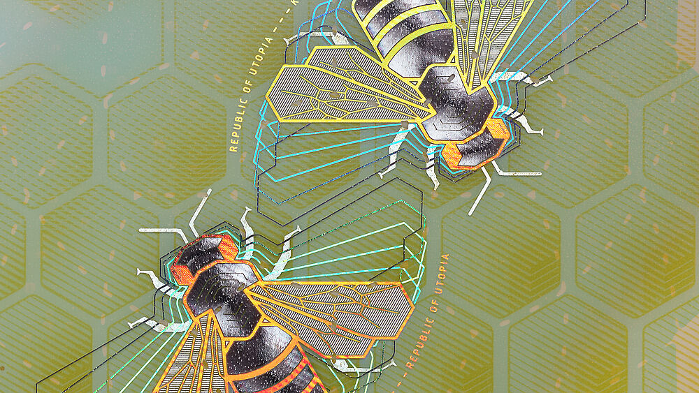 Perfectly integrated fine line metallization, created with the unique KINEGRAM ZERO.ZERO technology, enables highest levels of ID security Close-up of bee design and fine line metallization, created with the unique KINEGRAM ZERO.ZERO technology