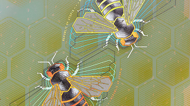 Perfectly integrated fine line metallization, created with the unique KINEGRAM ZERO.ZERO technology, enables highest levels of ID security Close-up of bee design and fine line metallization, created with the unique KINEGRAM ZERO.ZERO technology