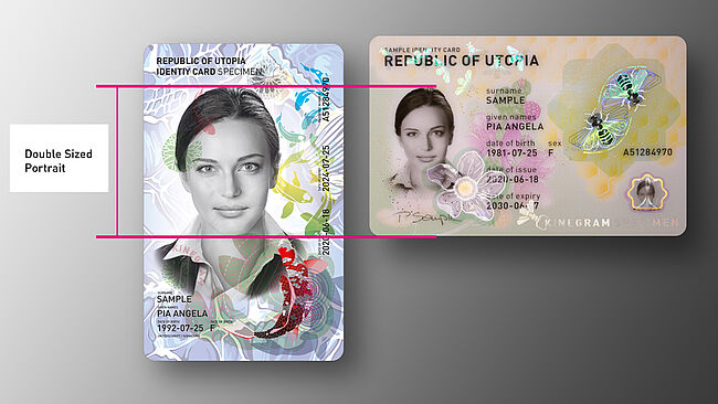 Sample ID card in portrait format with large ID card photograph. Image of sample ID cards in classic landscape and novel portrait format, the latter allows the use of extra large portrait pictures
