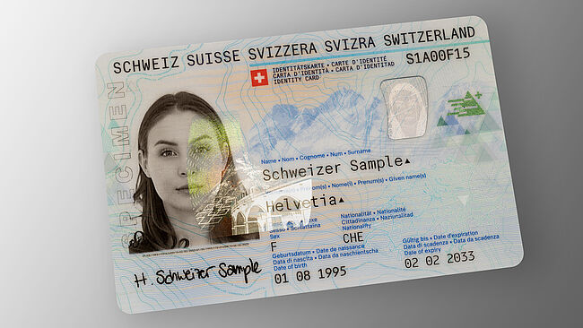 Swiss ID card with KINEGRAM Image of a Swiss ID card sample with a KINEGRAM security feature.