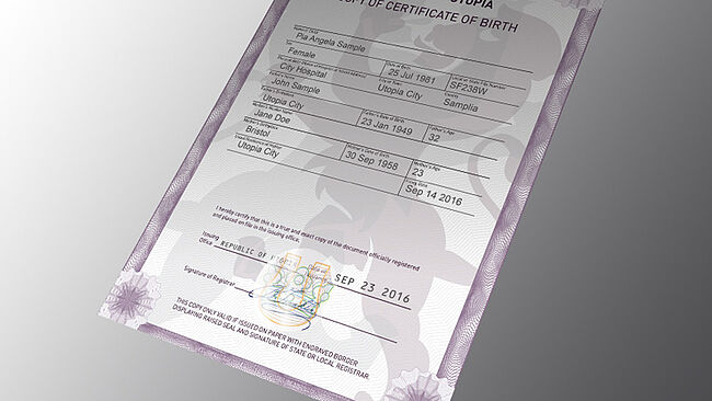 Secure certificate protected with a KINEGRAM Image of sample paper certificate protected with a KINEGRAM