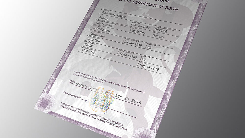 Secure certificate protected with a KINEGRAM Image of sample paper certificate protected with a KINEGRAM