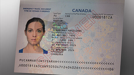Canada emergency travel document, 2023, folded paper document with a KINEGRAM patch label Canada emergency travel document, 2023, folded paper document with a KINEGRAM patch label