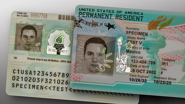 US Permanent Residence card (GREEN CARD) with KINEGRAM ZERO.ZERO Combi on the front and the reverse US Permanent Residence card (GREEN CARD) with KINEGRAM ZERO.ZERO Combi on the front and the reverse