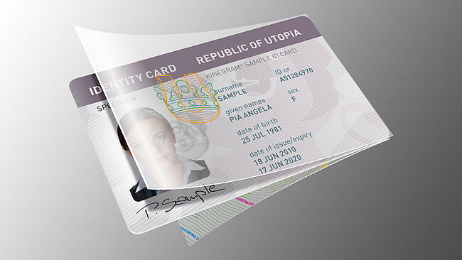KINEGRAM pouch solutions for a rapid, uncomplicated issuance of secure temporary ID documents Image of sample ID card half inserted into a plastic pouch