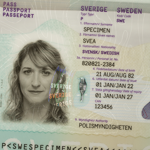 KINEGRAM PCI Combi embedded in the Swedish passport, with dominant partial metallization. Depiction of Swedish Passport, secured by a KINEGRAM PCI combination security feature.
