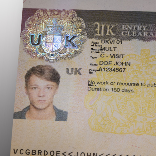 A metallized KINEGRAM patch with intricate guilloche details secures the UK Visa. Illustration of UK Visa which is secured by a metallized KINEGRAM patch that contains intricate guilloche details..