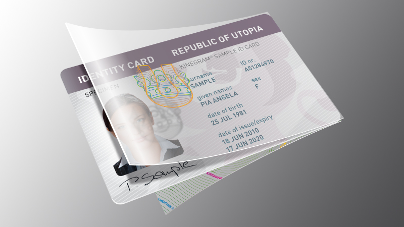 KINEGRAM pouch solutions for a rapid, uncomplicated issuance of secure temporary ID documents Image of sample ID card half inserted into a plastic pouch